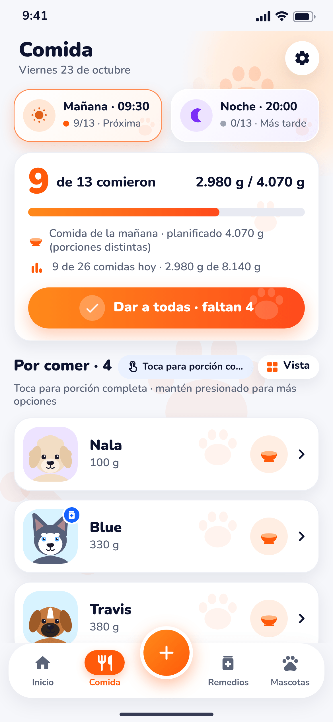 Pantalla Comida de BamPet con las mascotas por comer y el botón Dar a todas