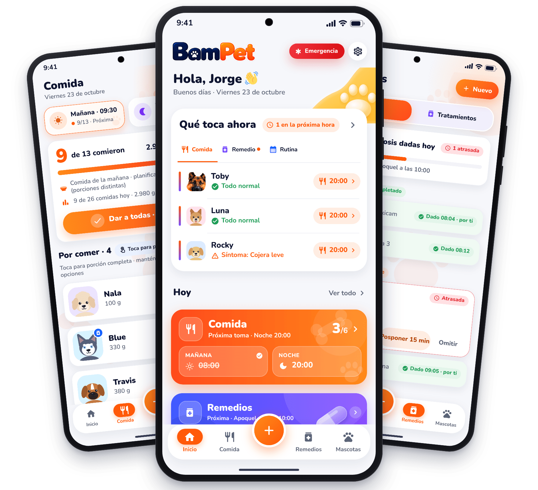 Tres teléfonos con BamPet: la pantalla de comida, el inicio con lo que toca ahora y la pantalla de remedios
