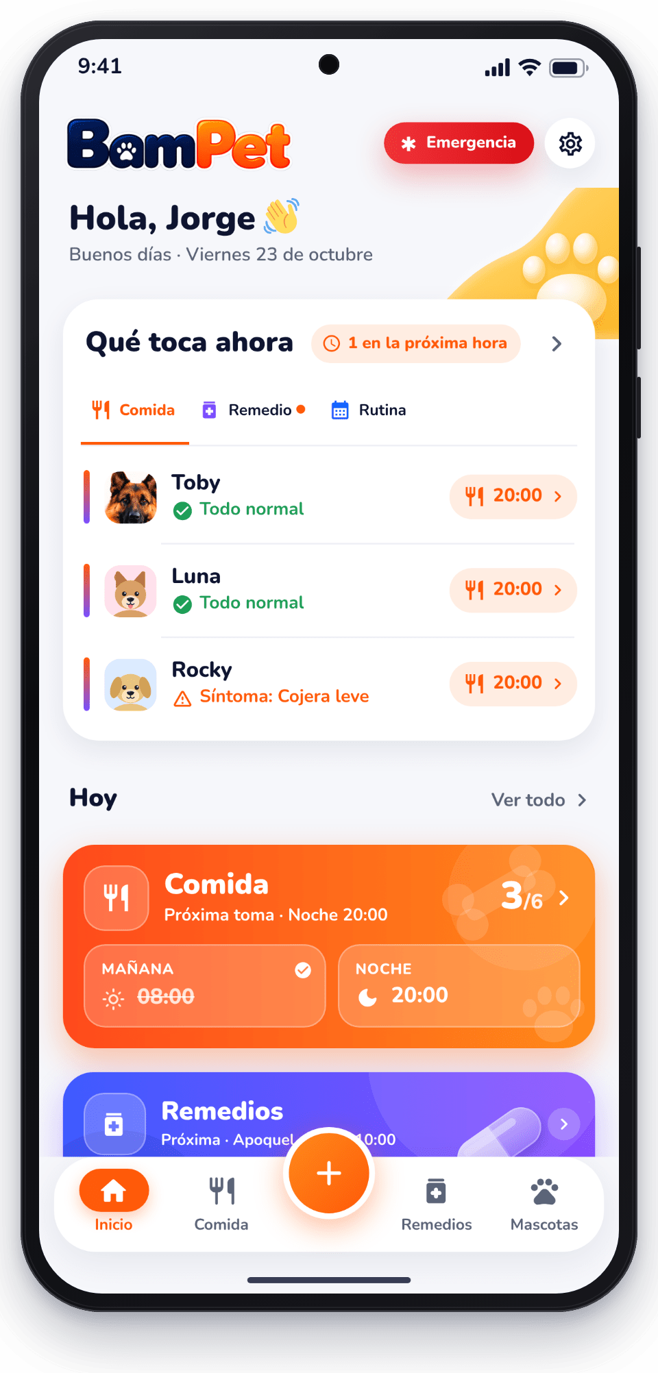 Pantalla de inicio de BamPet con la sección Qué toca ahora