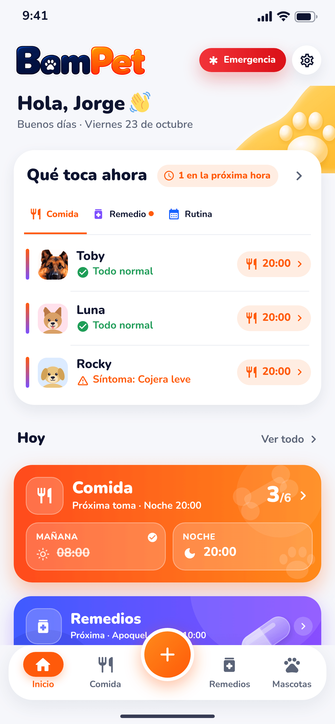 Captura de BamPet: Inicio con lo que toca ahora