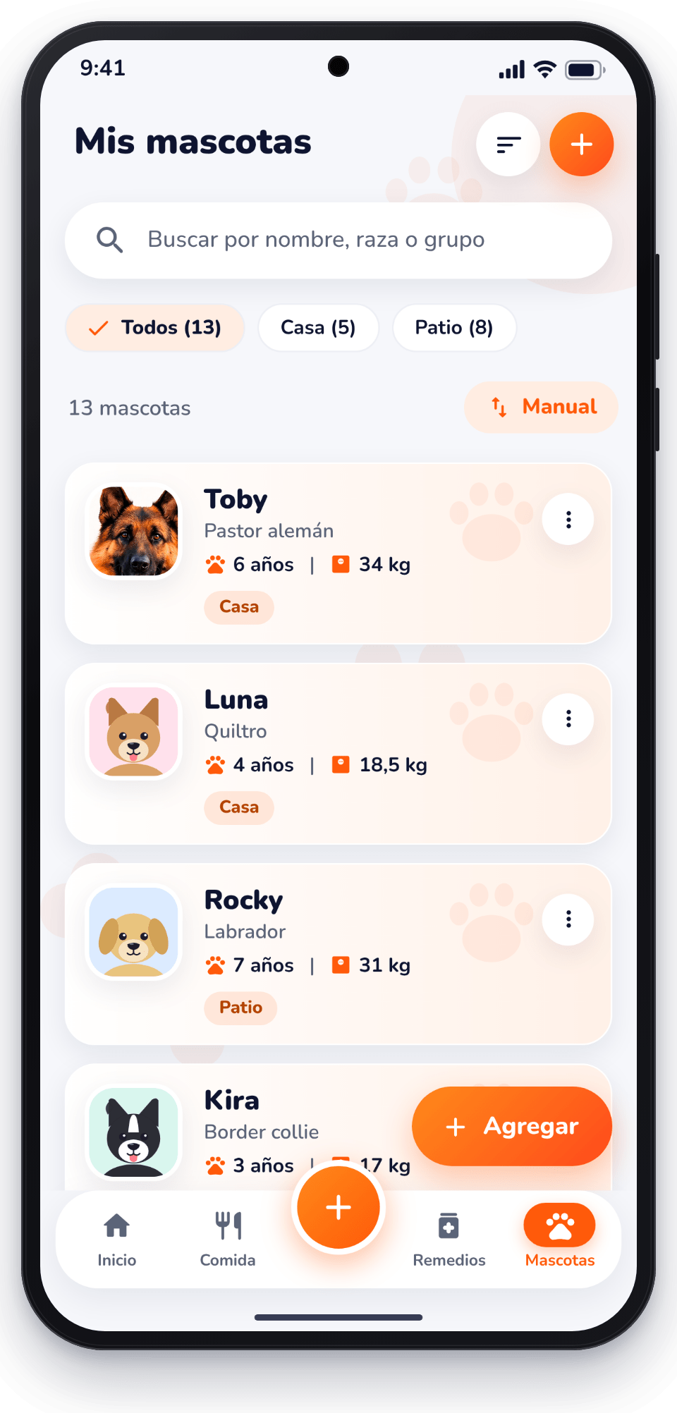 Pantalla Mascotas de BamPet con las fichas del hogar