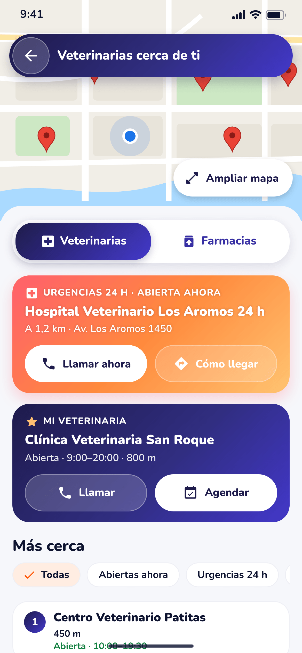 Pantalla Veterinarias cercanas de BamPet con mapa
